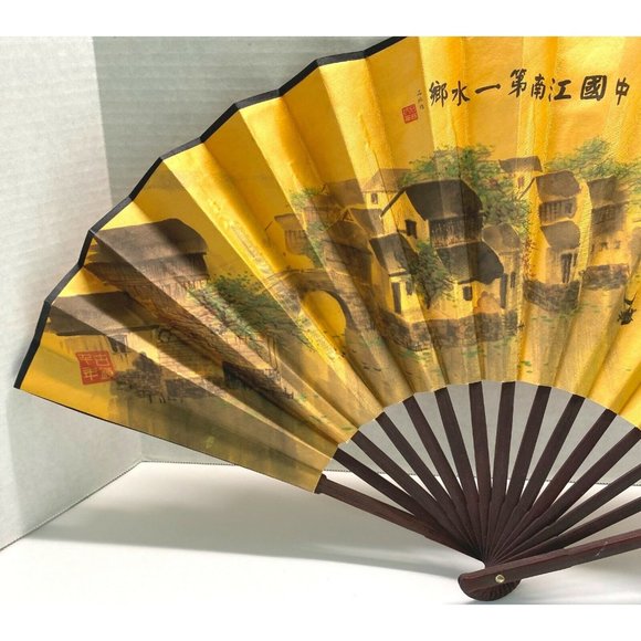 Vintage Chinese Folding Hand Fan Asian Village Scene 22" Span - Picture 5 of 10